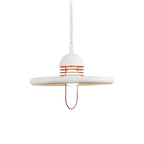 Modern White Disc Pendant Light with Red Accent and Cord on Pure White Background
