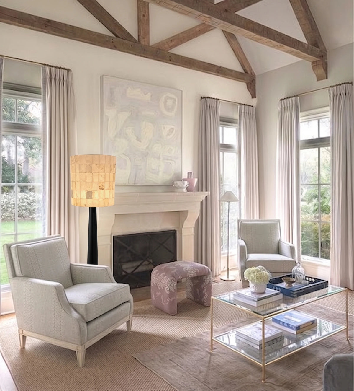 Modern Alabaster Floor Lamp in Vaulted Ceiling Living Room