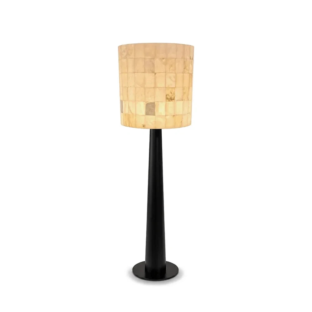 Modern Alabaster Mosaic Shade Floor Lamp with Black Base on Pure White Background