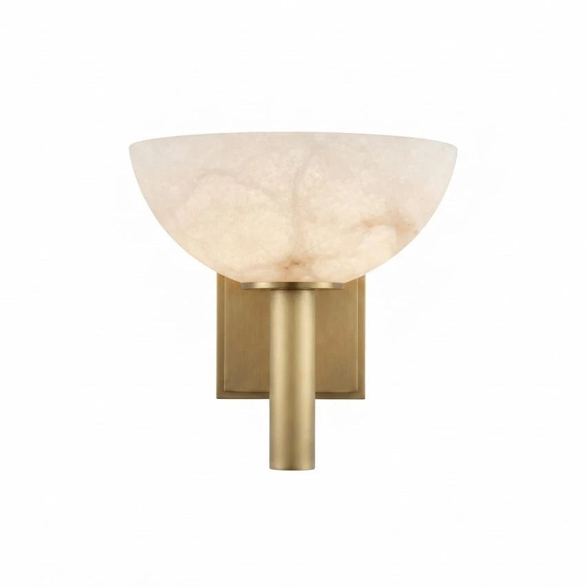 Modern Brass and Alabaster Half-Bowl Wall Sconce with Warm Light on Pure White Background