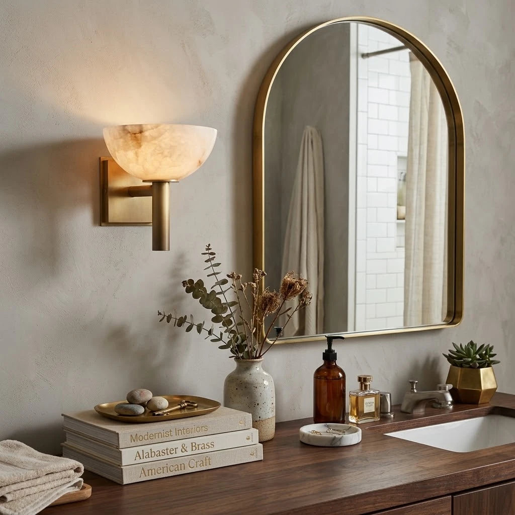 Modern Alabaster Half-Bowl Wall Sconce in Luxury Bathroom Vanity Space