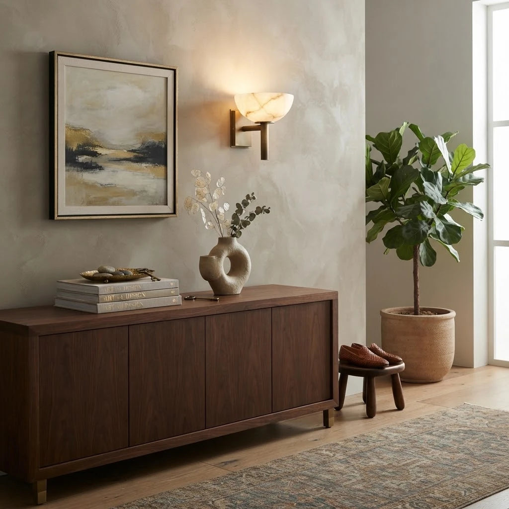 Modern Brass Alabaster Wall Sconce in Contemporary Living Room