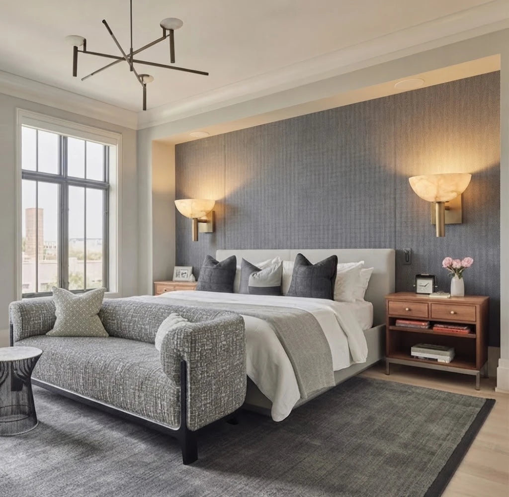 Modern Alabaster Half-Bowl Wall Sconce in Elegant Master Bedroom