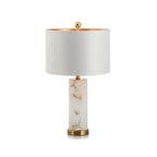 Modern Alabaster and Gold-Lined Fabric Shade Table Lamp with Brass Accents on Pure White Background