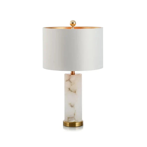 Modern Alabaster and Gold-Lined Fabric Shade Table Lamp with Brass Accents on Pure White Background