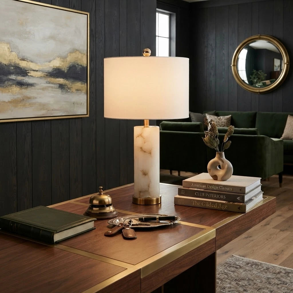 Modern Alabaster Table Lamp with Fabric Shade in Executive Office
