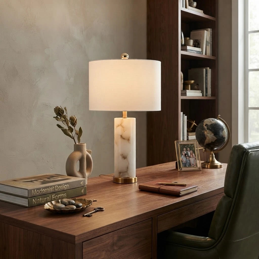 Modern Gold-Lined Fabric Shade Table Lamp in Designer Study Room