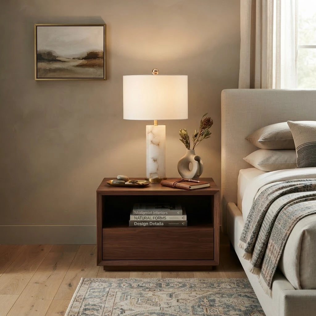 Modern Alabaster Table Lamp with Fabric Shade in Master Bedroom Interior