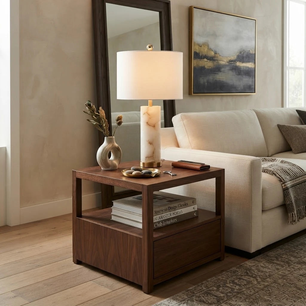 Modern Gold-Lined Fabric Shade Table Lamp in Cozy Living Room