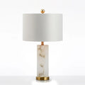 Modern Alabaster Table Lamp with Gold-Lined Fabric Shade Studio Display on Pure White Background