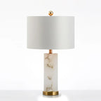 Modern Alabaster Table Lamp with Gold-Lined Fabric Shade Studio Display on Pure White Background