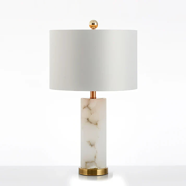 Modern Alabaster Table Lamp with Gold-Lined Fabric Shade Studio Display on Pure White Background