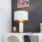 Modern Alabaster Table Lamp with Fabric Shade in Eclectic Living Space