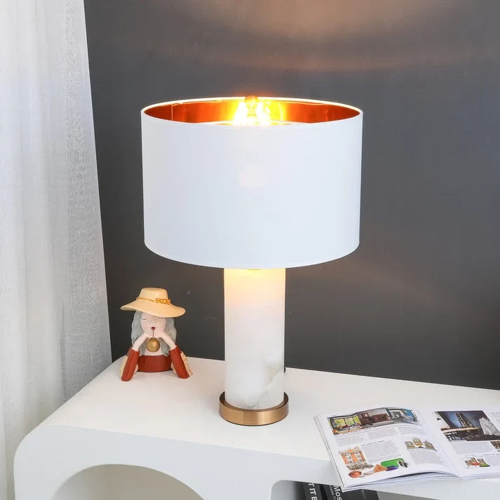 Illuminated Modern Alabaster Table Lamp with Gold-Lined Shade Studio Shot