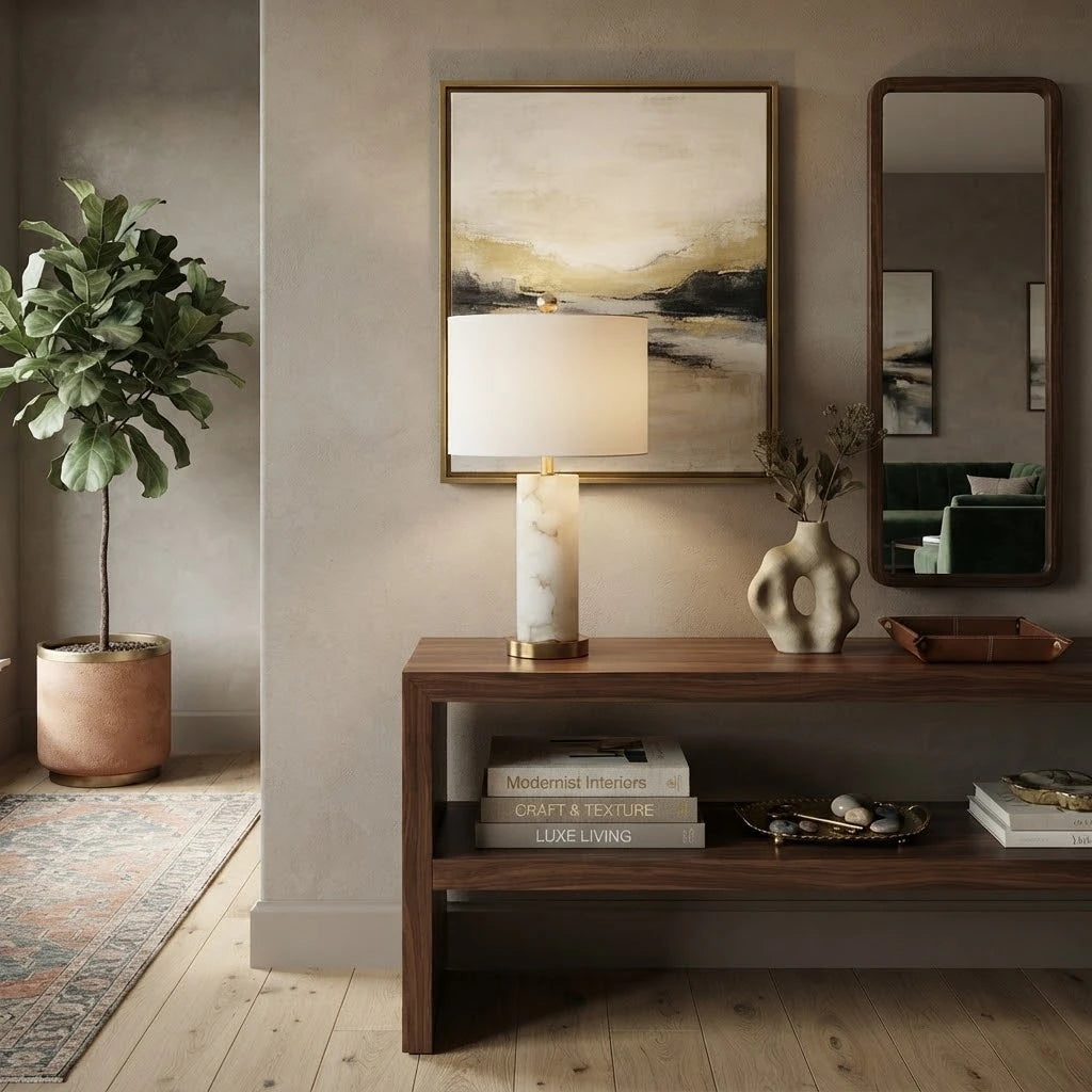 Modern Alabaster Table Lamp with Fabric Shade in Grand Hallway Foyer