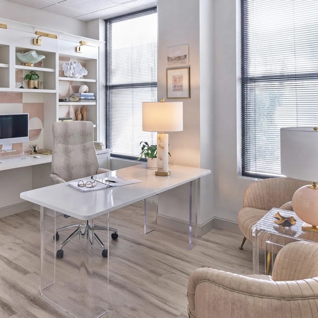 Modern Gold-Lined Fabric Shade Table Lamp in Home Office Workspace