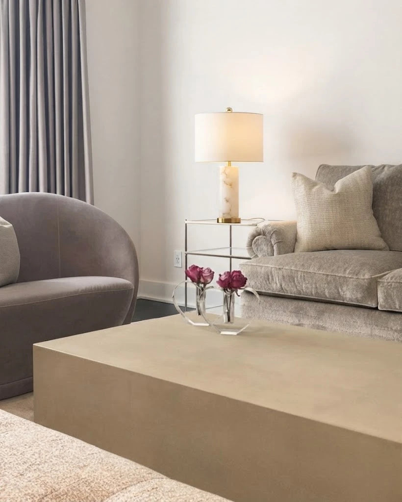 Modern Alabaster Table Lamp with Fabric Shade in Contemporary Living Room