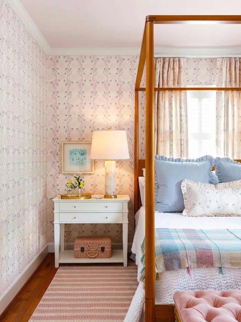 Modern Alabaster Table Lamp with Fabric Shade in Cozy Bedroom Setting