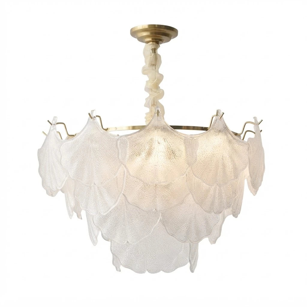Modern Brass and White Multi-Tier Shell Art Glass Chandelier with Wrapped Canopy on Pure White Background