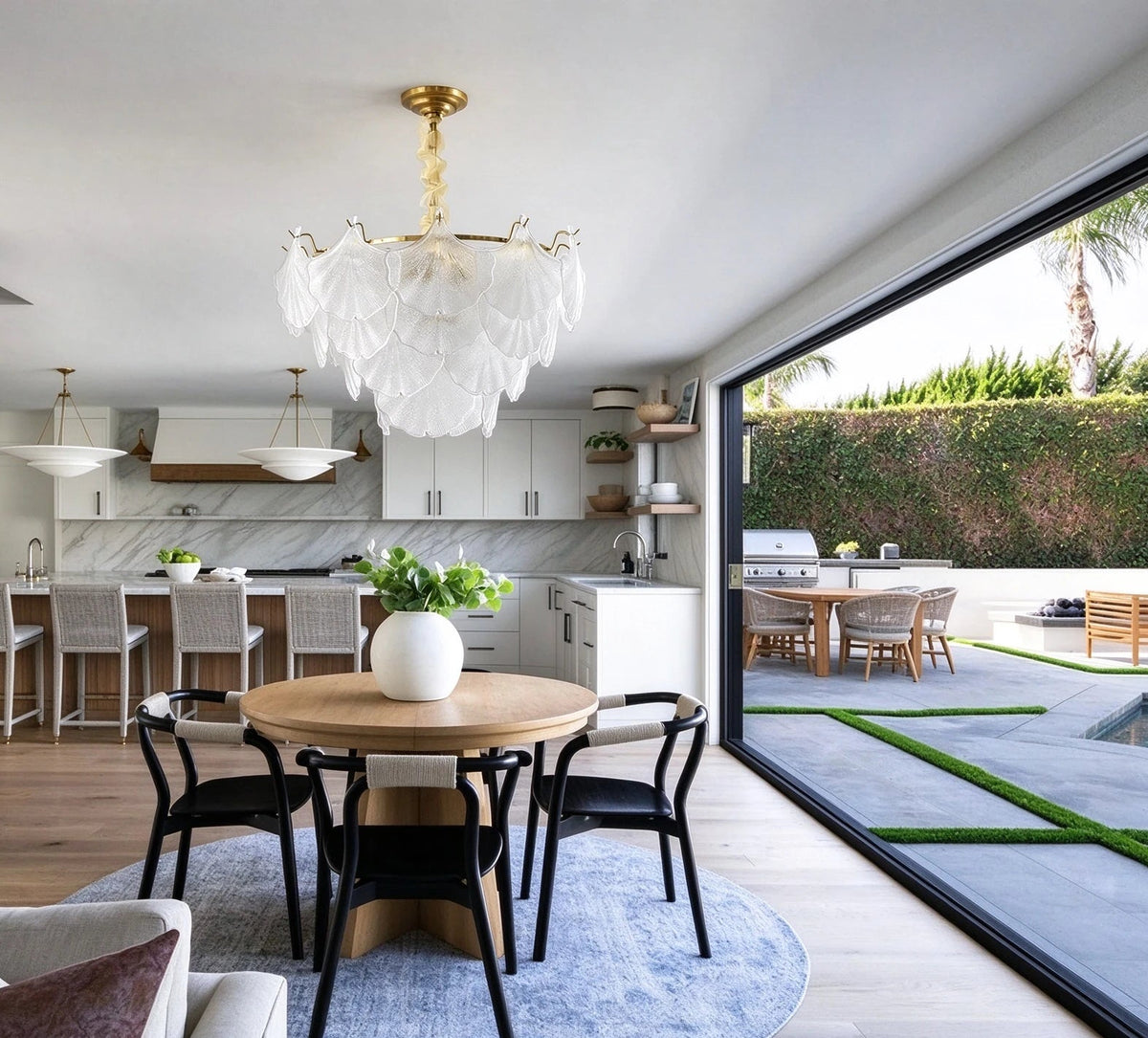 Modern Brass Multi-Tier Shell Chandelier in Open Plan Kitchen Dining