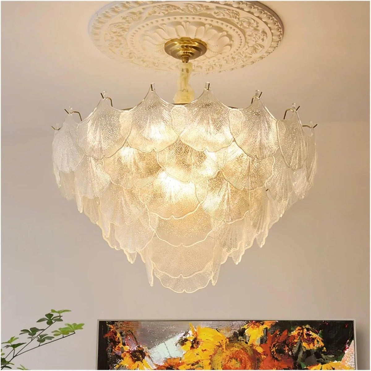Illuminated Modern Brass Multi-Tier Shell Art Glass Chandelier Studio Shot