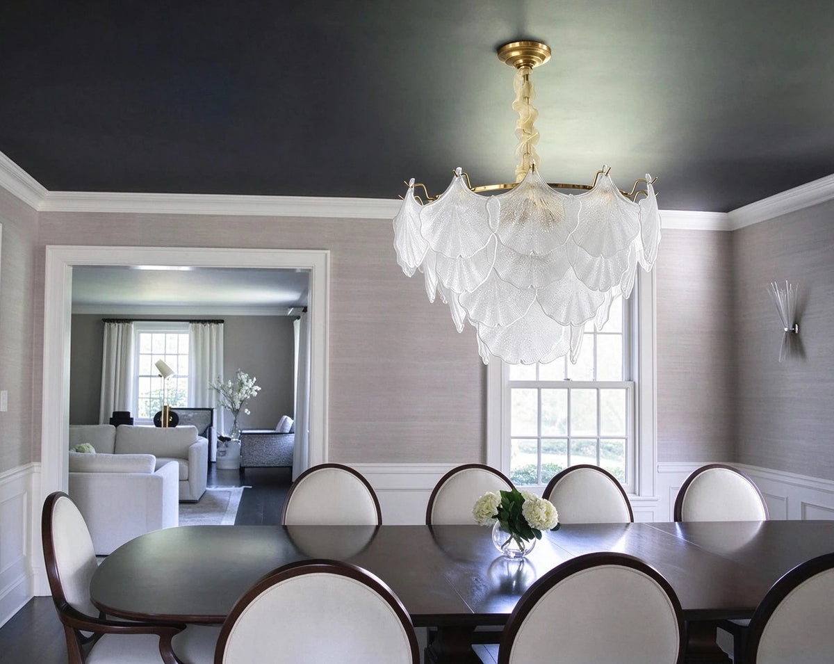Modern White Shell Art Glass Chandelier in Formal Dining Room