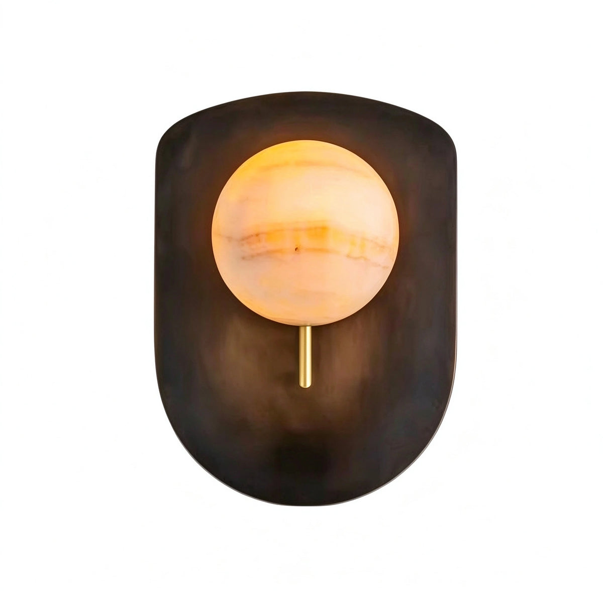 Modern Dark Shield Base and Alabaster Sphere Wall Sconce with Warm Light on Pure White Background