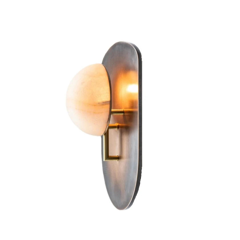 Modern Dark Shield Base Alabaster Wall Sconce Side View Studio Display
