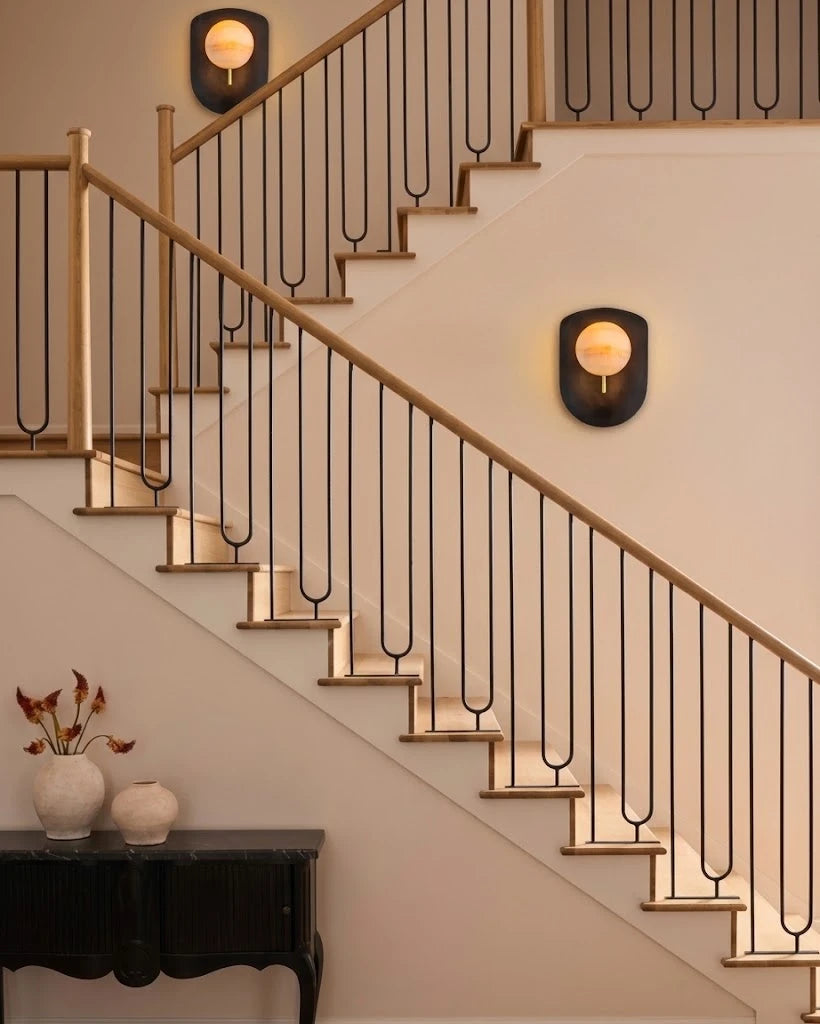 Modern Alabaster Sphere Wall Sconce in Grand Staircase Foyer Setting