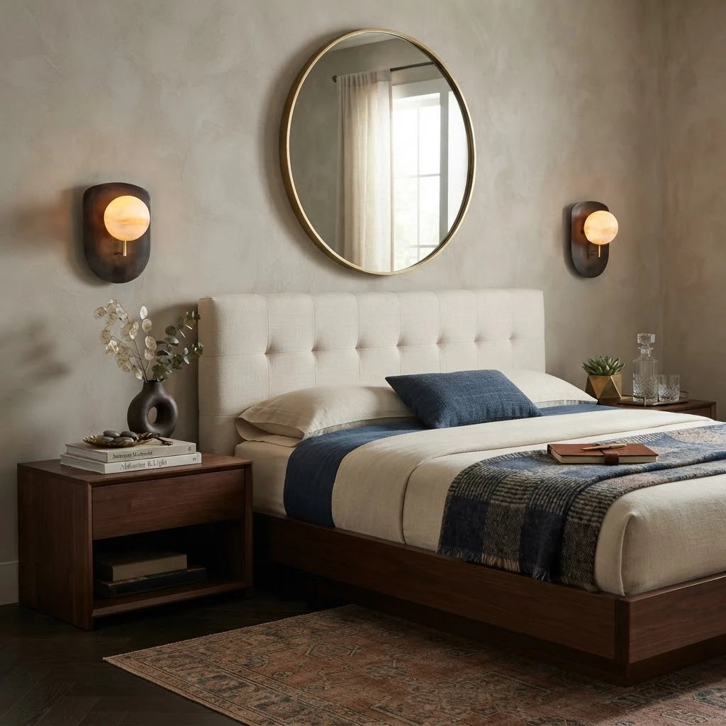 Modern Alabaster Sphere Wall Sconce in Luxury Master Bedroom Suite