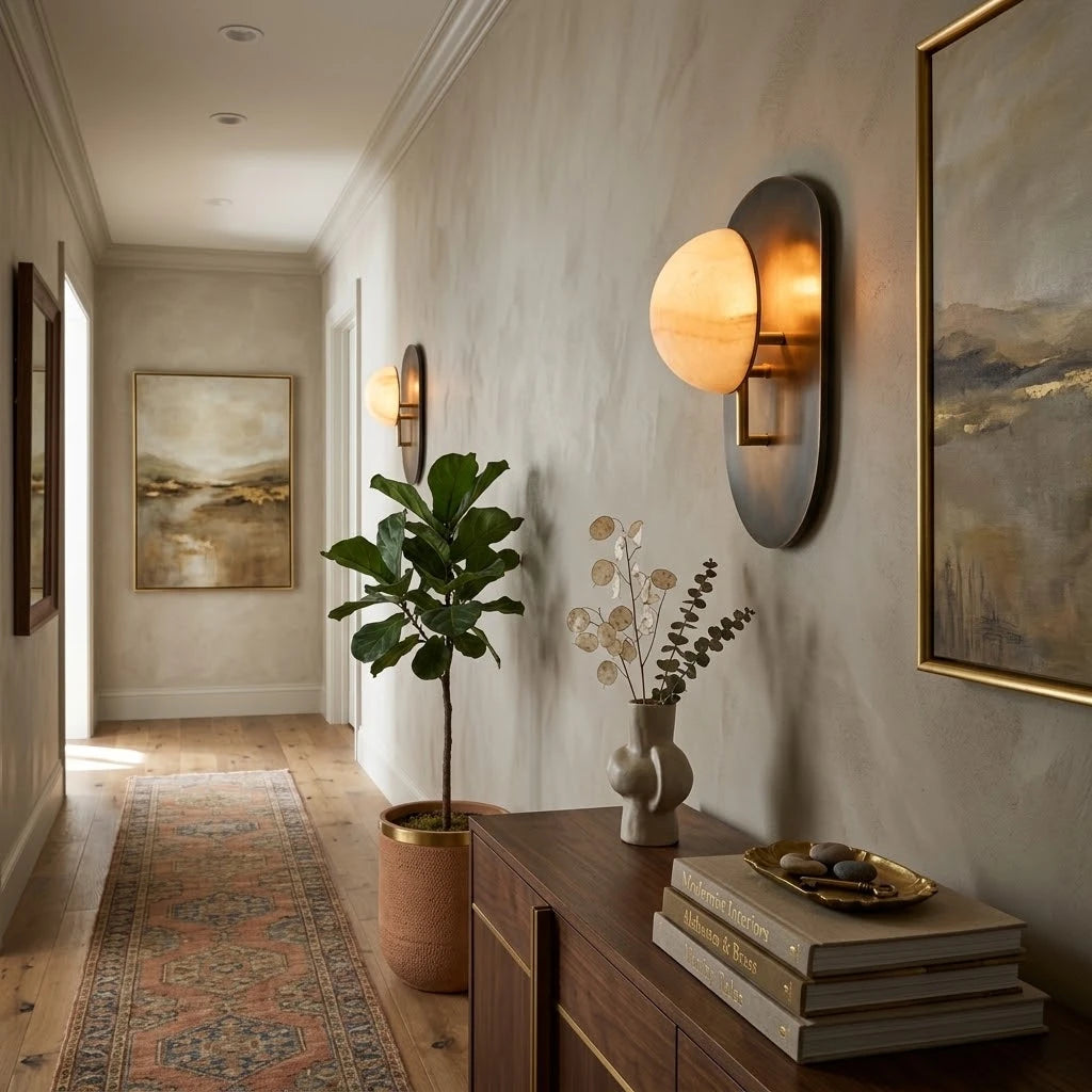 Modern Dark Shield Base Alabaster Wall Sconce in Elegant Hallway Corridor