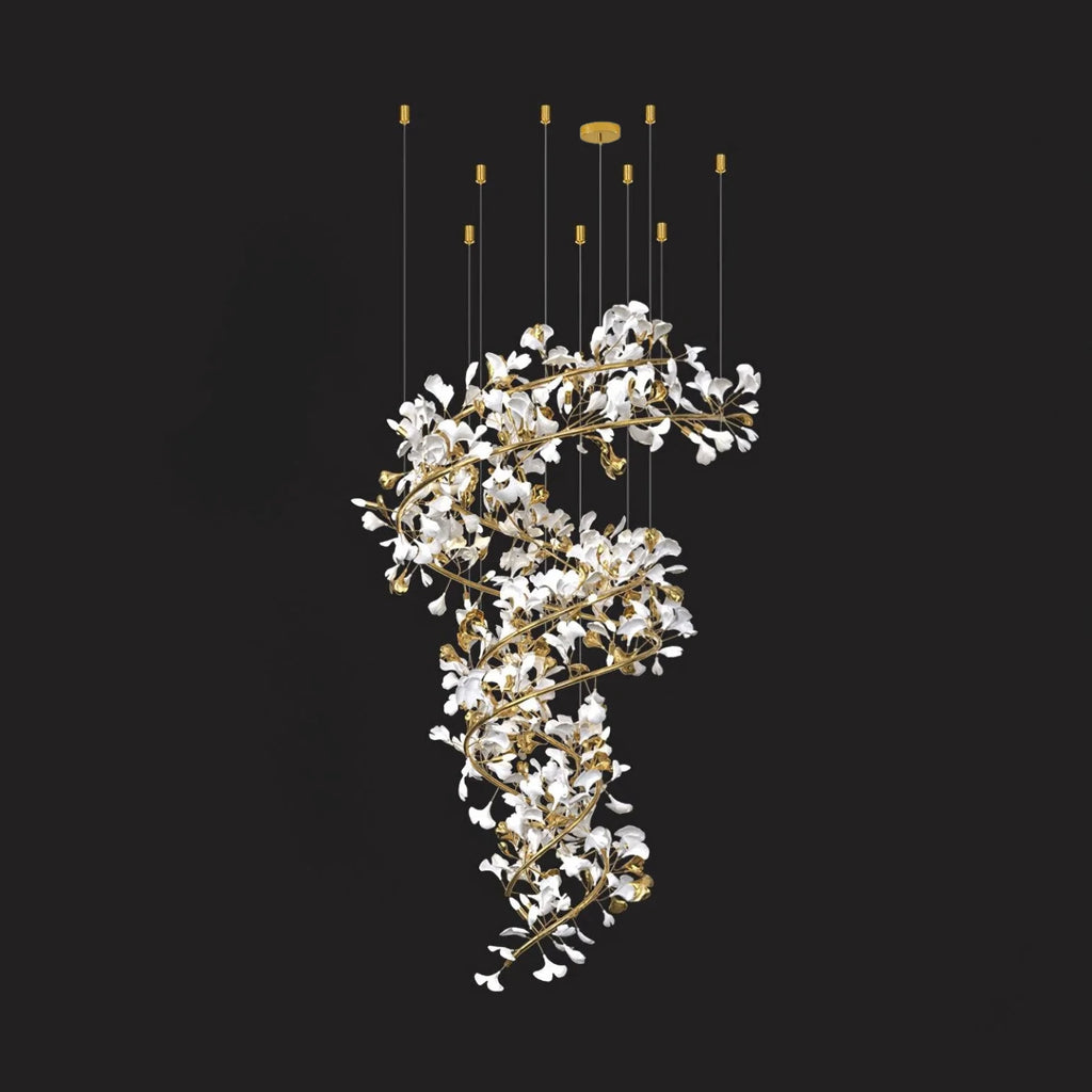 Illuminated Modern Grand Spiral Ginkgo Leaf Chandelier Studio Display