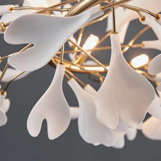 Close Up View of Illuminated White Ginkgo Leaf Petals and Lighting Fixture