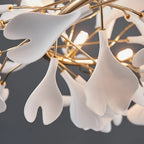 Close Up View of Illuminated White Ginkgo Leaf Petals and Lighting Fixture