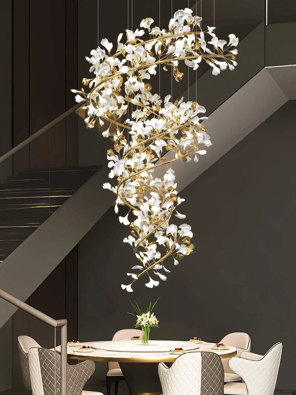 Modern Grand Spiral Ginkgo Leaf Chandelier in Vaulted Living Room