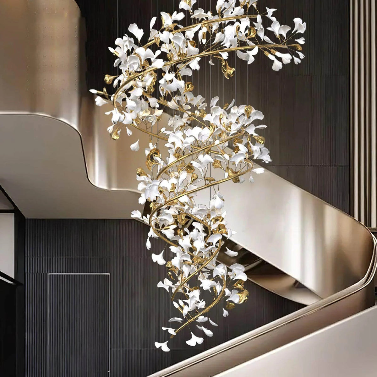 Modern Cascading Spiral Ginkgo Leaf Chandelier in Luxury Interior