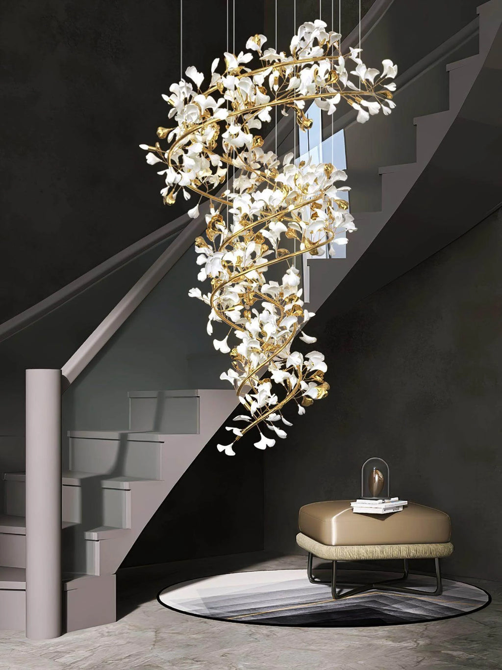 Modern Grand Spiral Chandelier in Open Stairway Hallway
