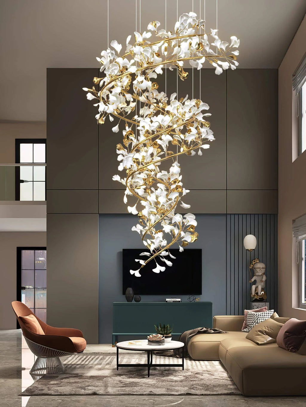 Modern Grand Spiral Ginkgo Leaf Chandelier in Vaulted Ceiling Living Room