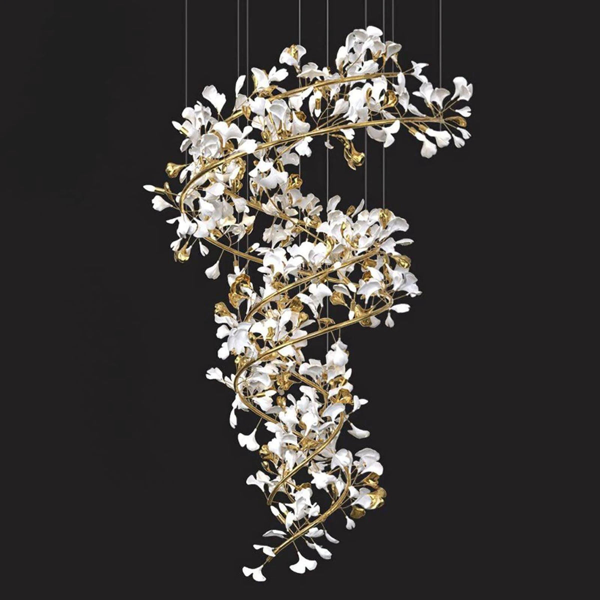 Side View of Illuminated Modern Grand Spiral Chandelier Studio Shot