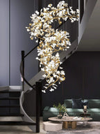 Modern Cascading Spiral Ginkgo Leaf Chandelier in Contemporary Living Room
