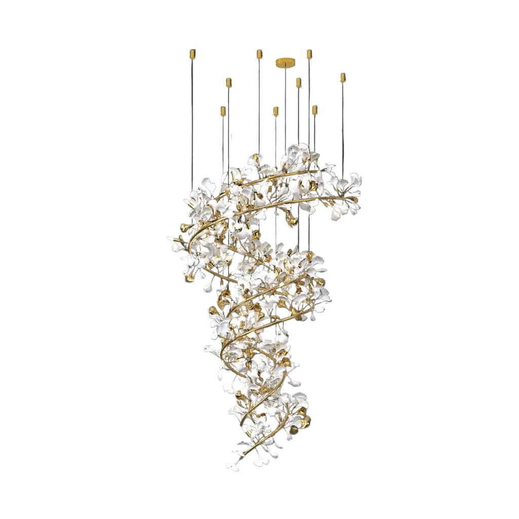 Modern Grand Spiral Gold Branch and White Ginkgo Leaf Chandelier on Pure White Background