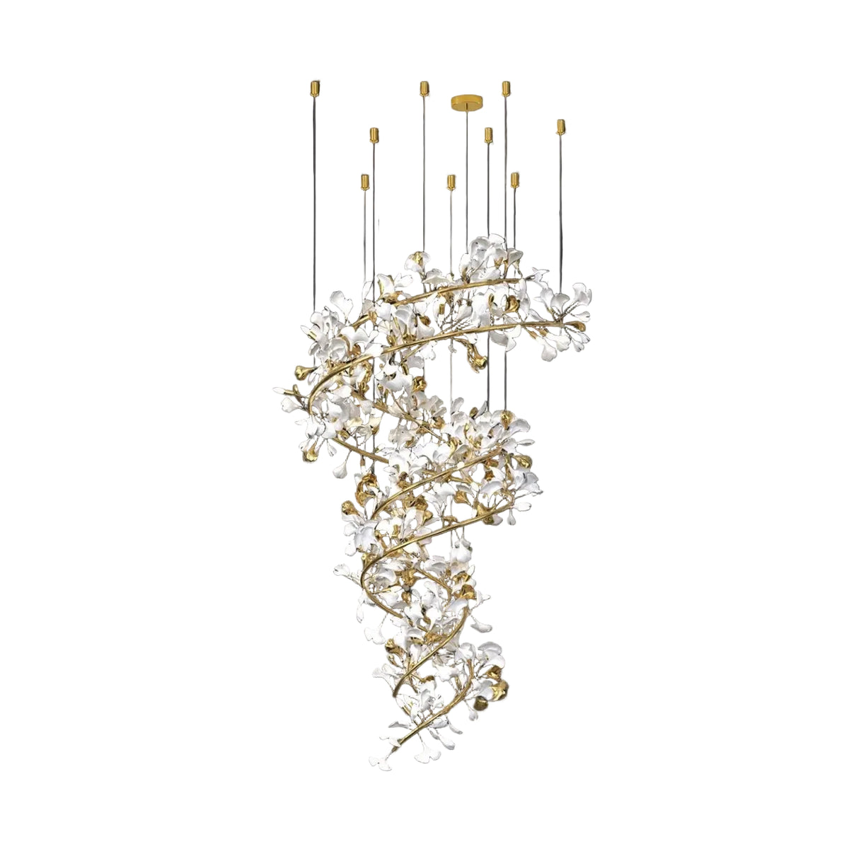 Modern Grand Spiral Gold Branch and White Ginkgo Leaf Chandelier on Pure White Background