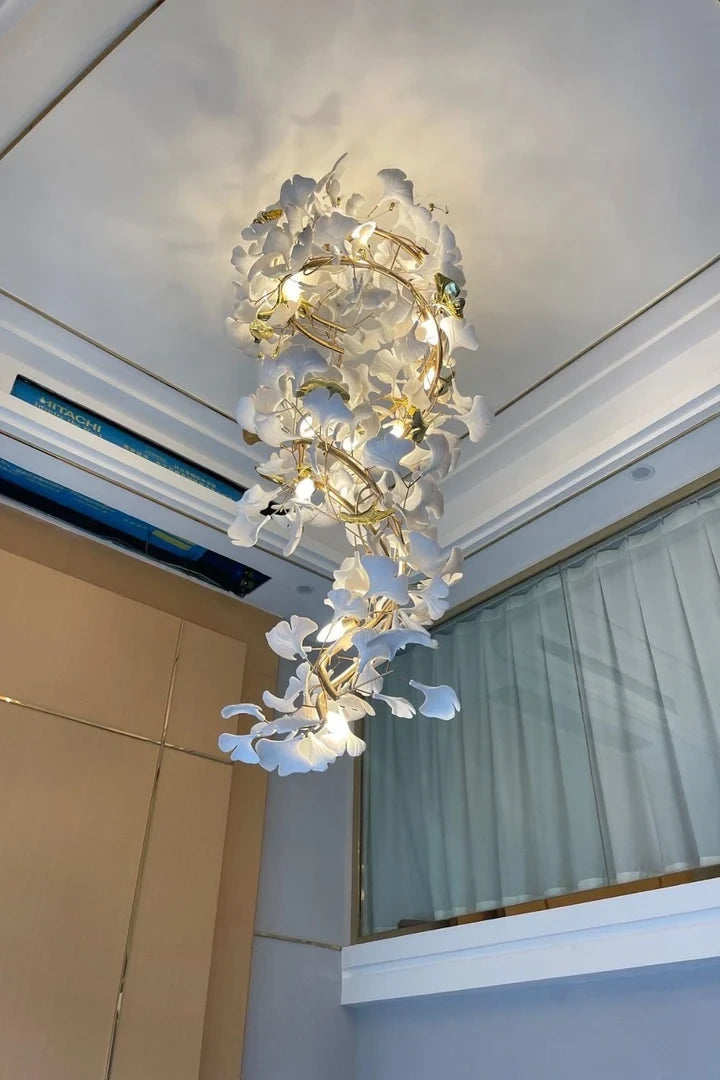 Modern Grand Spiral Ginkgo Leaf Chandelier in High Ceiling Foyer