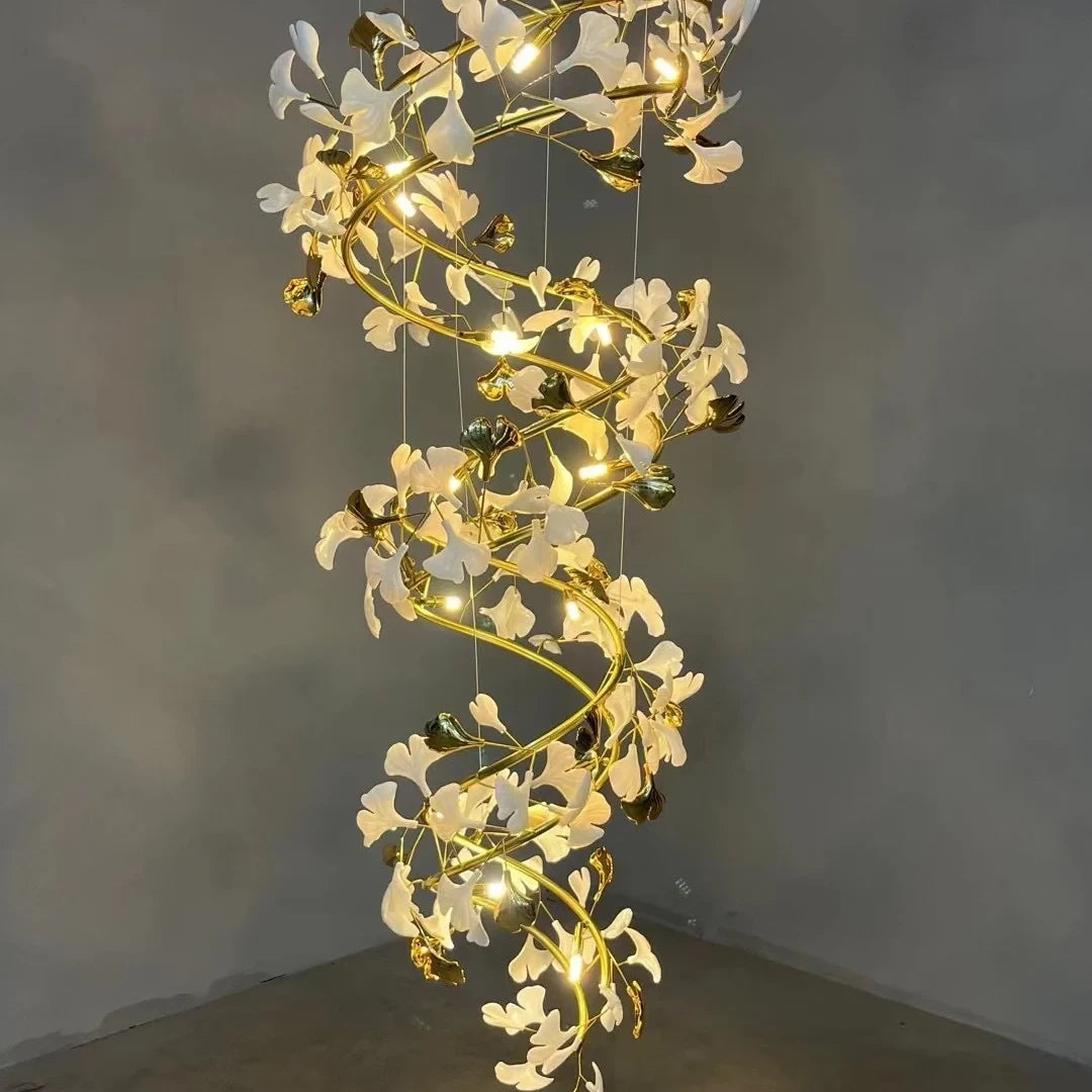 Illuminated Modern Grand Spiral Gold Branch Chandelier Studio Shot