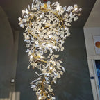 Modern Cascading Ginkgo Leaf Spiral Chandelier in Entryway Foyer