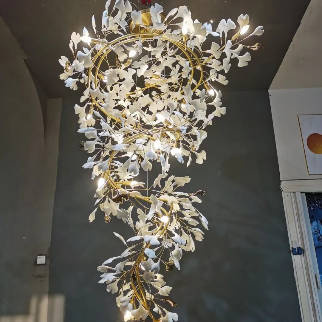 Modern Cascading Ginkgo Leaf Spiral Chandelier in Entryway Foyer