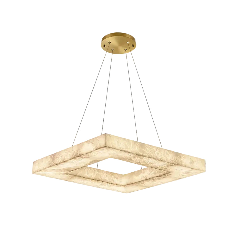 Modern Square Alabaster Chandelier with Brass Canopy on Pure White Background