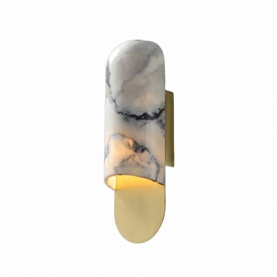 Modern Alabaster and Brass Wall Sconce with Cylinder Marble Shade and Warm Light on Pure White Background