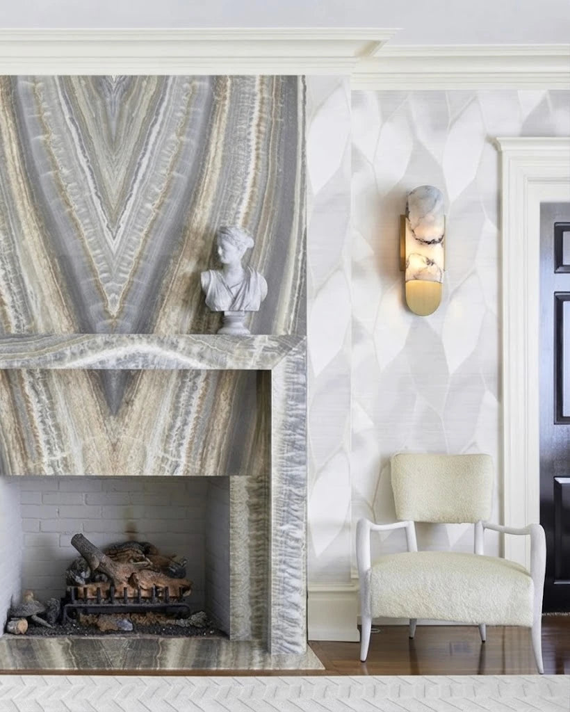 Modern Brass Alabaster Wall Sconce in Elegant Living Room Setting