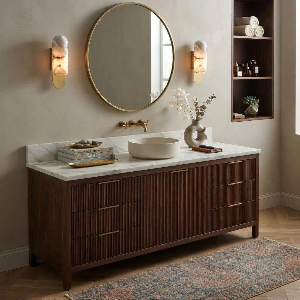 Modern Brass Alabaster Wall Sconce in Designer Master Bathroom